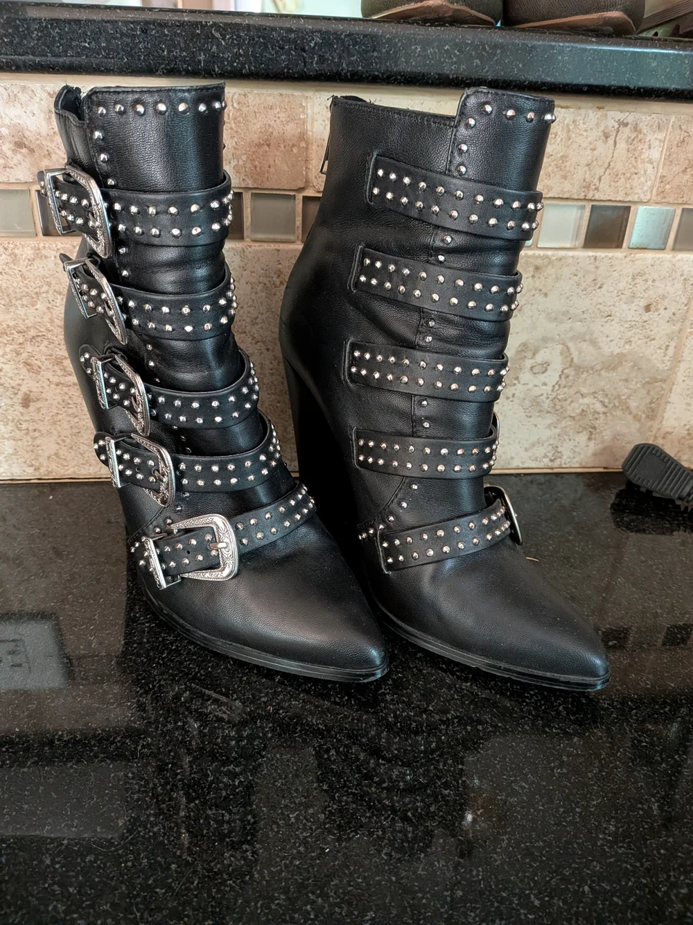 Black Studded Buckle Block Heel Ankle Boots - Picture 7 of 13